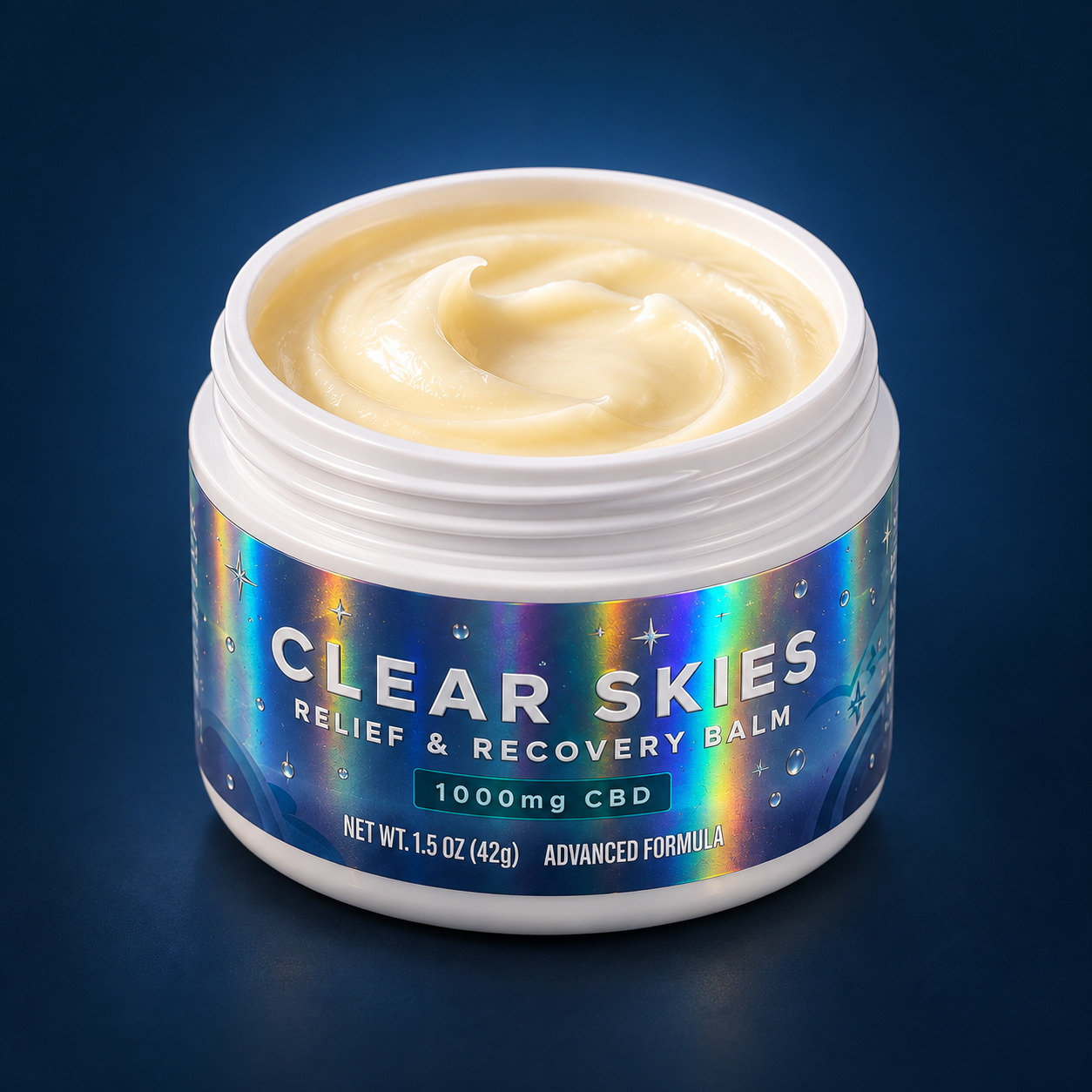 Open Clear Skies Peppermint CBD Balm jar showing the pale salve